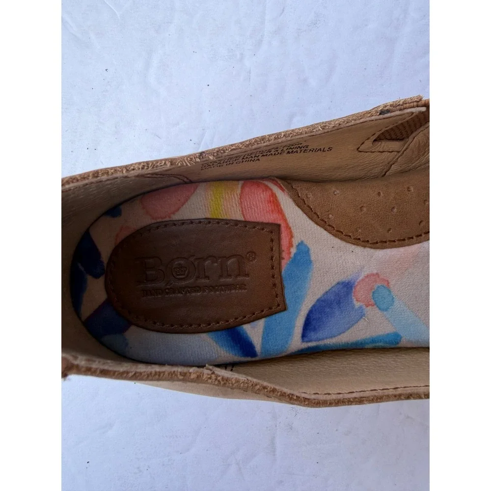 Born Sebra Suede Tan Leather Slip On Notched Vamp Flat Comfort Shoes‎ Sz 7